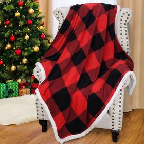 Bf562 Catalonia Red Black Plaid Sherpa Blanket Buffalo Throw Reversible Supe