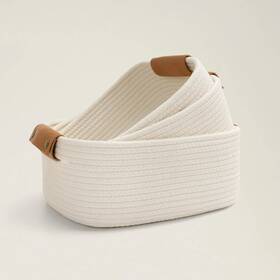 Chicvita-02rect-3white-box Chicvita 3 Pack Rectangle Cotton Rope Woven Basket With Handles For Books Ma