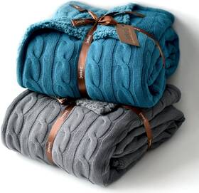 Eikei 768737443193 Cable Knit Sherpa Oversized Throw Reversible Blanket Faux Sheepsk Inch .. Fast Ship