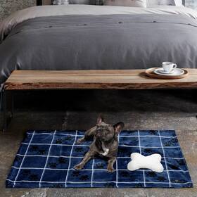 French Connection 646760193943 Blue Window Pane Paws Dog Blanket With Sherpa Bone Shaped Pillow Plush Pupp