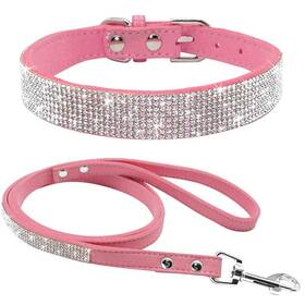 B07kwrsw87 Haoyueer Pink Suede Bling Rhinestone Cat Puppy Collar Leash Set Xxs