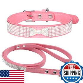 B0995wht8r Haoyueer Bling Rhinestone Soft Suede Leather Pet Dog Collar Leash Set Xs-l