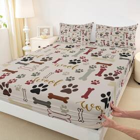 Cyjs2957gyy-cl Homewish Usq Dog Paw Print Fitted Sheet Queen Size Bone Pattern Bedding Set 3pcs
