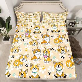 Wws9405gyy-cl Homewish Usf Cute Corgi Fitted Sheet Full Size Cartoon Dog Paw Bedding Set 3pcs F