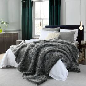 Horimote Home 759356360596 Luxury Faux Fur Blanket Queen Size Ultra Big Grey And Black High Pile Mixed