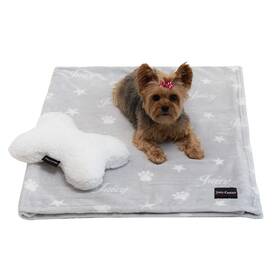 Juicy Couture 646760193981 Grey Paws And Stripes Dog Blanket With Sherpa Bone Shaped Pillow Plush Pupp