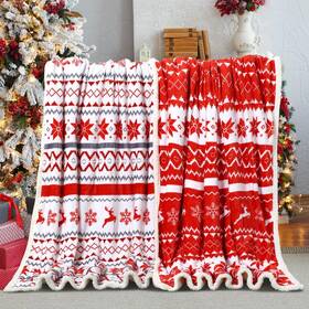Bk025 Keaskell 2pcs Christmas Holiday Sherpa Throw Blanket With Red Reindeer Snowflake Home