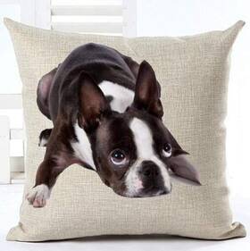 Lacanu-99968 Lacanu Cotton Linen Cute Funny Various Pet Dogs Human Friends Boston Terrier Beige
