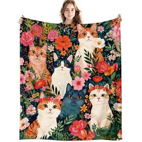 Liangw Gf492 Cat Floral Blanket Cottagecore Wildflower Flower Cats Throw Blankets For Hom