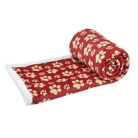 Long Rich 047393528896 Printed Dog Paw Flannel Reverse To Sherpa Throw Blanket Red By