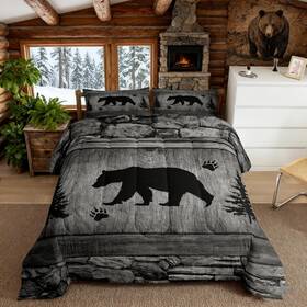 Cyjs13102zc-bz Manfei Usk Rustic Bear Comforter Set King Size Black Trees Deer Paw Print Down C
