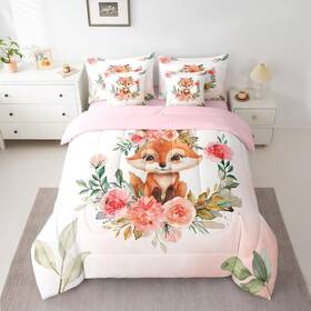 Tyts11410zc-tjqab Manfei Usf 7 Pieces Cute Fox Comforter Set Full Watercolor Floral Bed For Ki