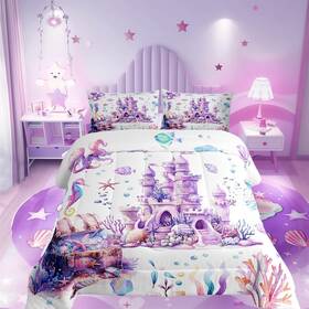 Zzrs12457zj-bzab Manfei Usq Dreamy Castle 3 Pcs Queen Size Comforter Set Watercolor Coral Sealife