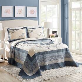 Modern Heirloom A068318bldce Blue Floral Embroidered Quilted Bedspread - Lightweight Breat
