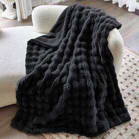 Hs5060 Moenchy Faux Fur Black Throw Blanket For Couch - Super Soft Heavy Flufyy Thick Bubble