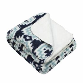 Navy Reverse And White Printed Sherpa Throw Blanket