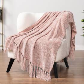 P-b3016 Pavilia Pink Chenille Throw Blanket For Couch Sofa Light Soft Knit Thro