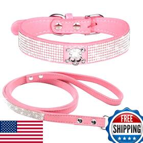B0bbh9dfb6 Pimaodog Bling Rhinestone Suede Leather Dog Collar And Leash Set - Pink Xs