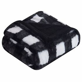 Reversible Buffalo Black And White Faux Rabbit Fur Sherpa Throw Blanket