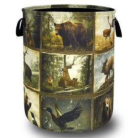 Rgifyiae Ix660332bc60-tz05 Vintage Forest Animals Laundry Basket Oxford Cloth Deer Funny Bear Ha