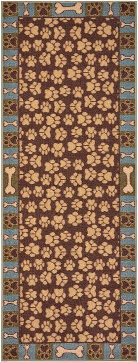 9108 Rugstylesonline Pet Paw And Bone Design Brown Aqua Blue Printed Slip Resistant Rubber Back La