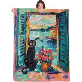 Wkedin Fwesdc175 Colorful Black Cat Blanket 50x60in Cozy Flannel Throw With Vibrant Coastal Wi