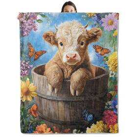 Cow61 Wyxdwh Lc030bl5052956highland Cute Highland Cow In Barrel Blanket Cozy Flannel Calf And Flowers Throw Blan