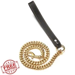 Rumypet Gold Dog Chain Leash 14MM Cuban Leather Handle 5FT. Fixed Price $56.99.