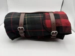 Eddie Bauer Plaid Wool Picnic Blanket Leather Carrier Red Black 70X60. Fixed Price $44.99.
