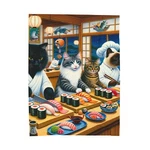 Velveteen Plush Blanket Cats Sushi Bar Scene Whimsical Funny Pet Decor. Fixed Price $42.00.