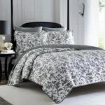Laura Ashley Quilt Set 3-PIECE King Size Reversible Floral Cotton Black + White. Fixed Price $112.99.