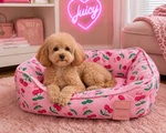 Juicy Couture Pink Cherry Velour Pet Bed Cuddler Dog Cat Coquette Glam New Net. Fixed Price $59.99.